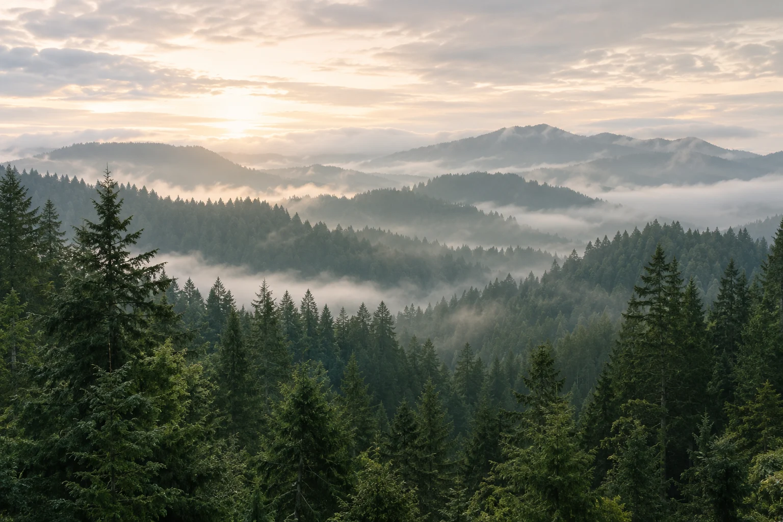 Layers of evergreen forest and misty hills, inspired by the Pacific Northwest